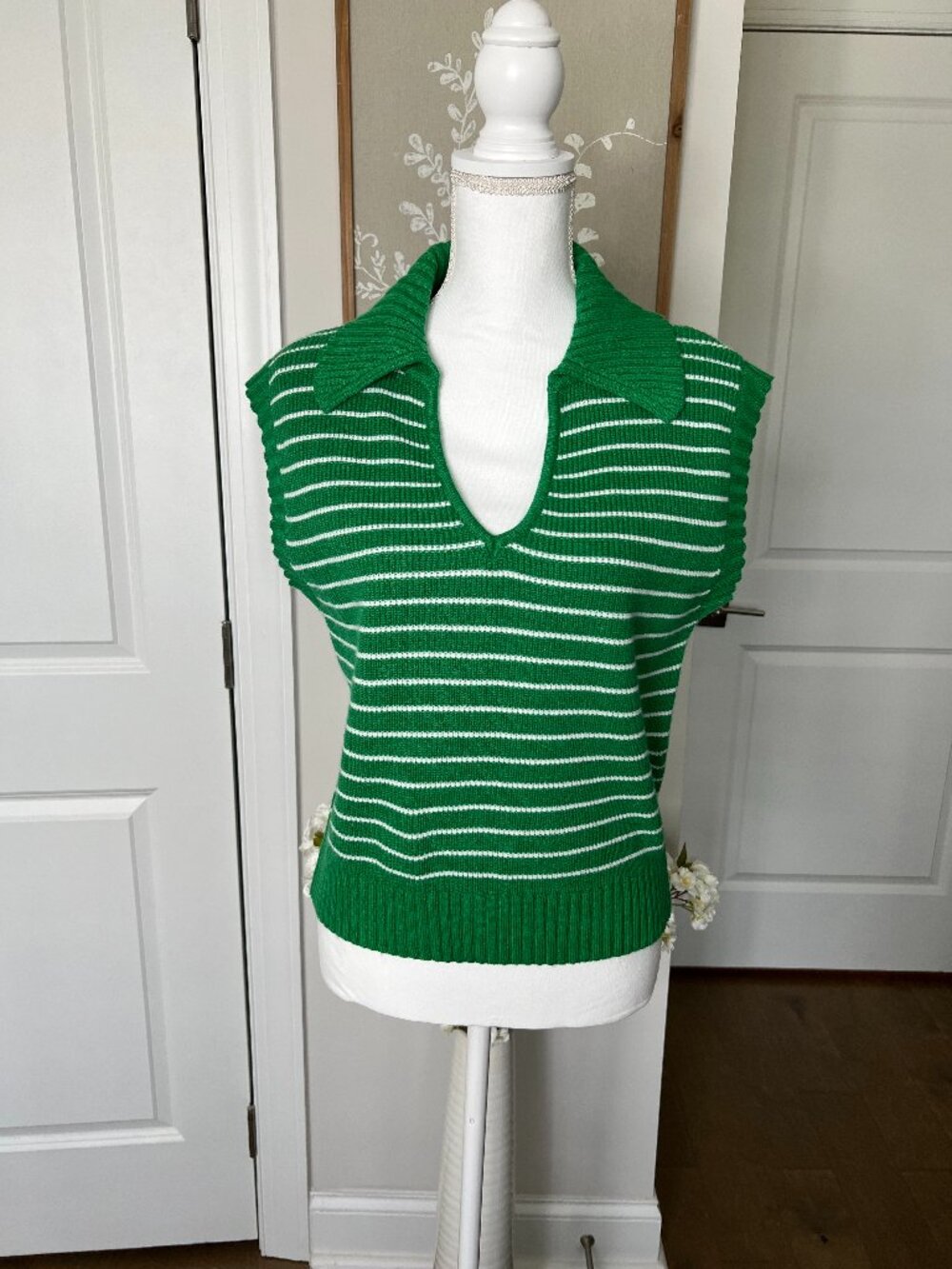 Green Striped Sleeveless Sweater